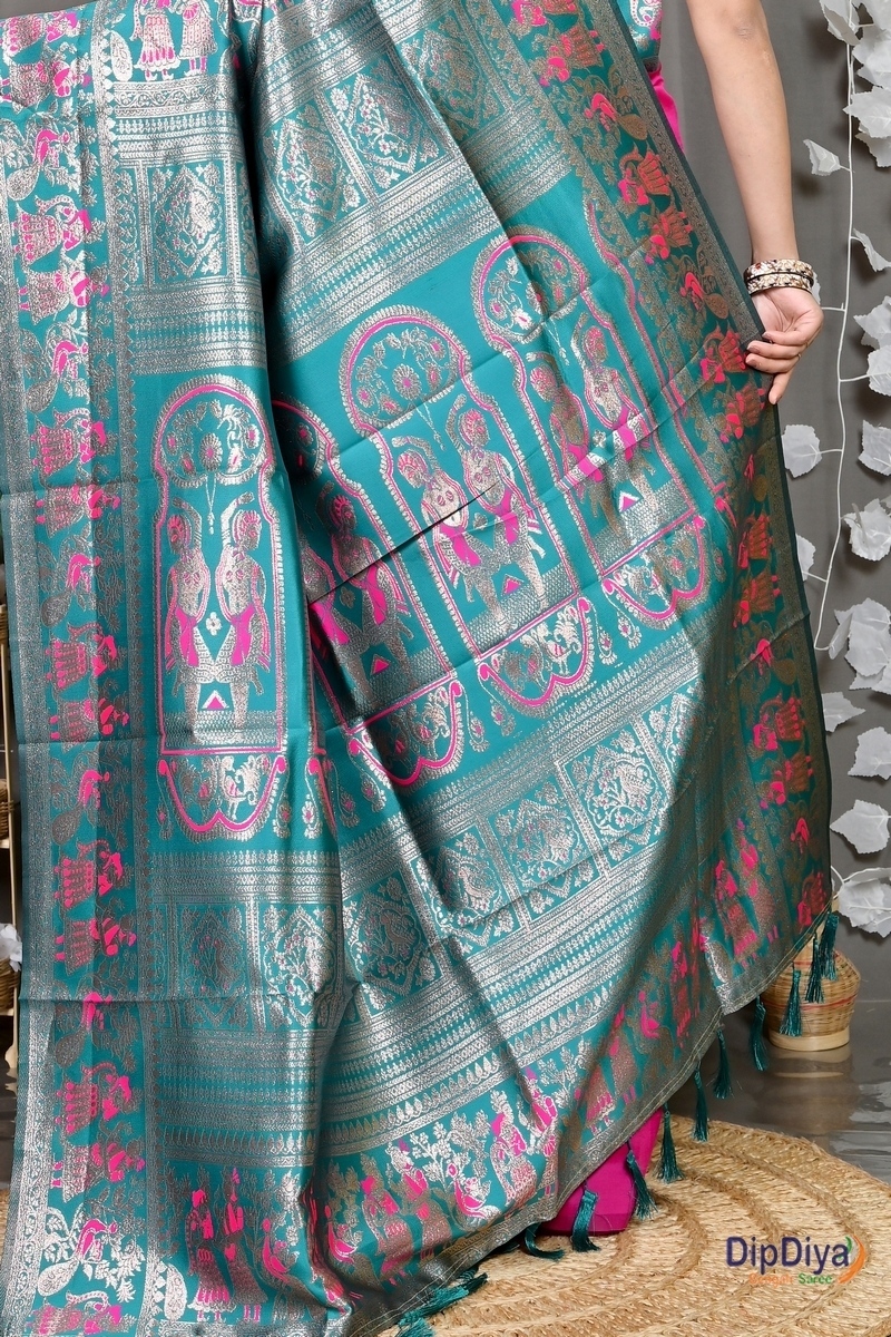 Dark Pink Green Cotton Silk Parza Baluchari Saree (585)